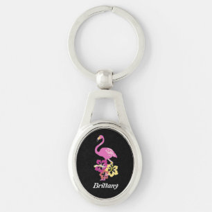 Porte-clés Flamant rose rose Avec Hibiscus Fleurs Porte - clé