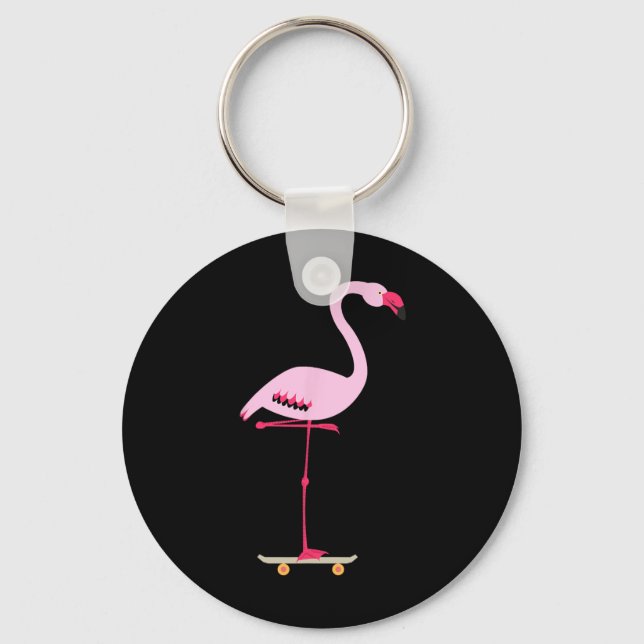 Porte-clés Flamant Rose Skateboardant Graphique Drôle Et Cool (Recto)