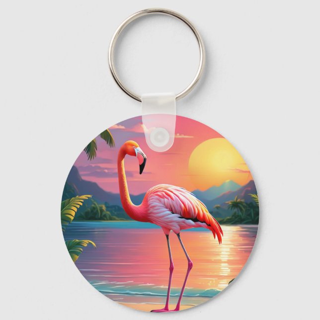 Porte-clés Flamant rose Sunset Tropical Beach (Recto)