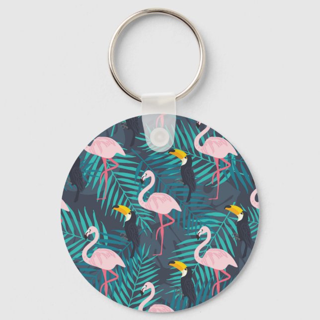 Porte-clés Flamant rose, toucan : motif de feuilles tropicale (Recto)