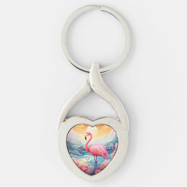 Porte-clés Flamant Tropical avec Fleurs (Devant)