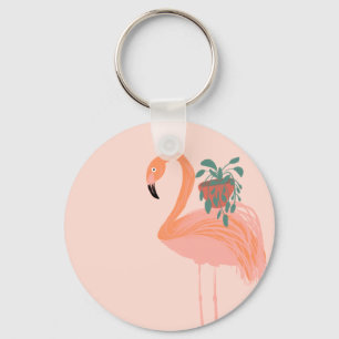 Porte-clés Flamant tropical avec plante en pot dessinée à la 