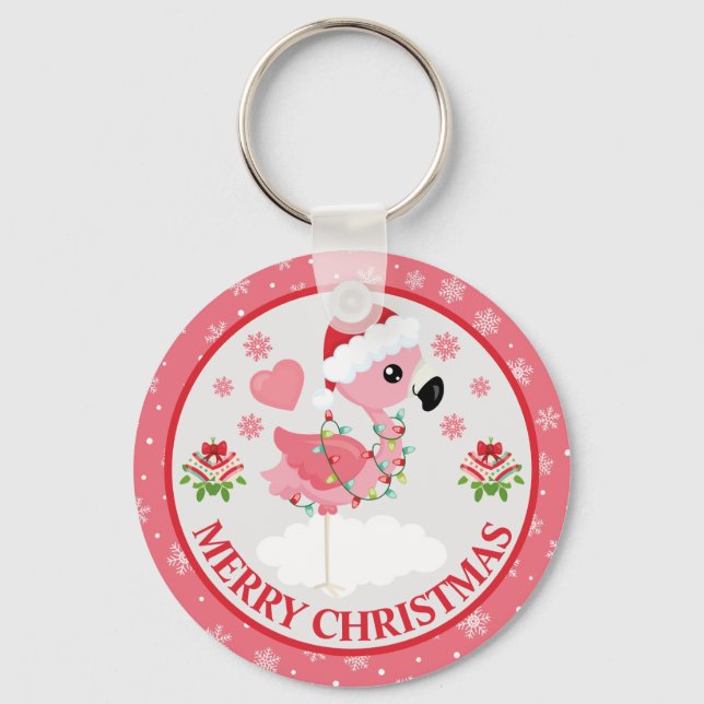 Porte-clés Flamingo de Noël rose et rouge d'hiver (Recto)