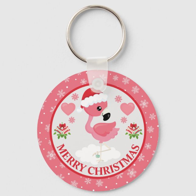 Porte-clés Flamingo de Noël rose et rouge Hiver (Recto)