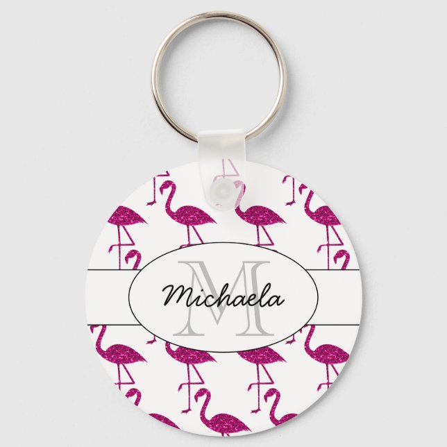 Porte-clés Flamingo pétillant rose motif Monogramme (Recto)