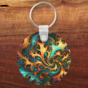 Porte-clés Flammes Abstraites or Turquoise orange,