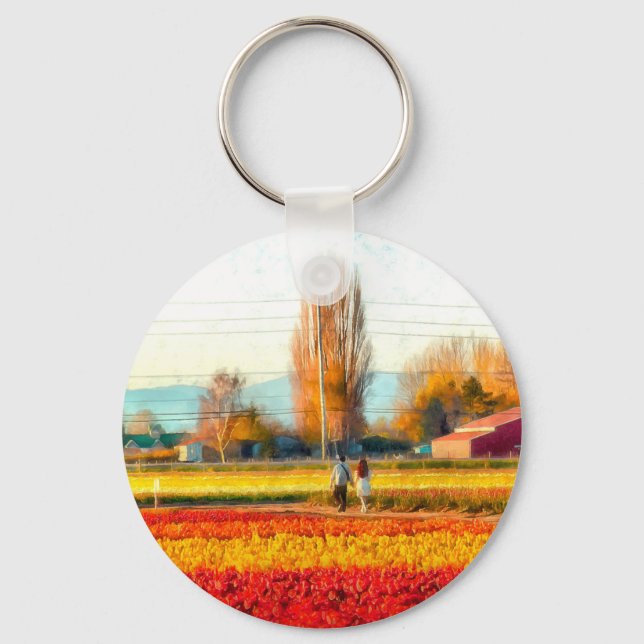 Porte-clés Flâner à travers les champs de tulipe rouge et or (Recto)