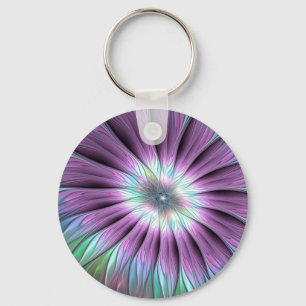 Porte-clés Fleur Abstraite colorée rose bleu vert fractal