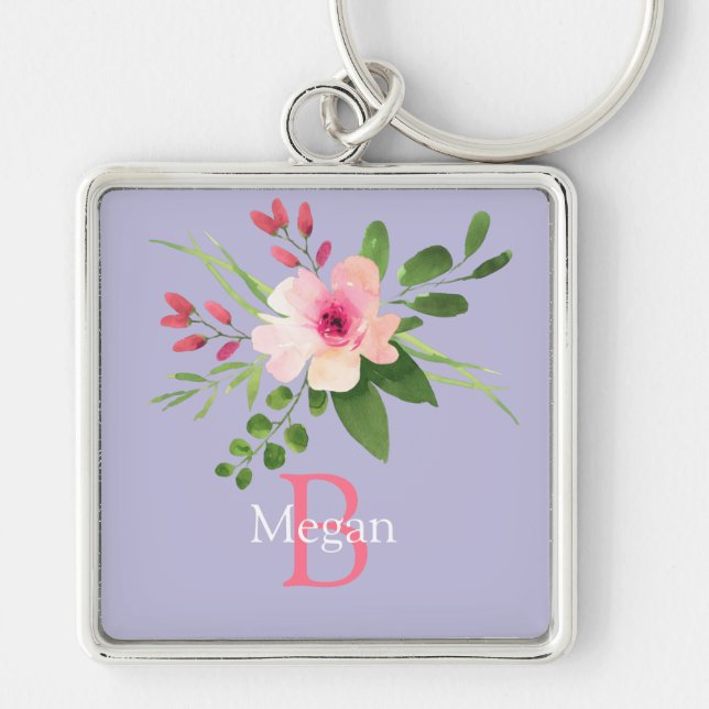 Porte-clés Fleur aquarelle, nom et monogramme sur lavande (Devant)