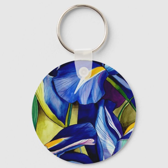 Porte-clés Fleur bleue Iris peinture originale aquarelle (Recto)