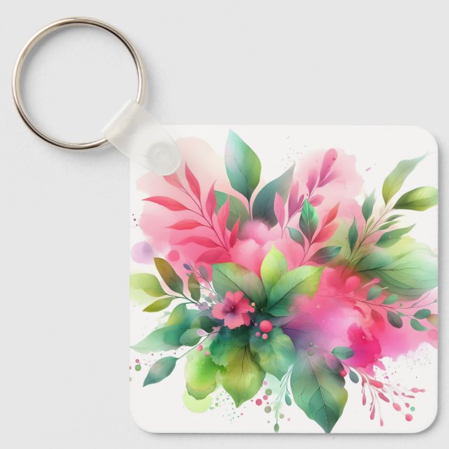 Porte-clés Fleur botanique à l'aquarelle rose vert (Recto)