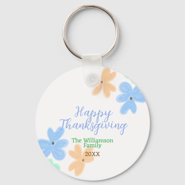 Porte-clés Fleur d'aquarelle bleu orange vert hiverMerci (Recto)