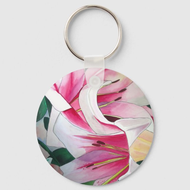 Porte-clés Fleur d'aquarelle de nénuphar blanc et rose (Recto)
