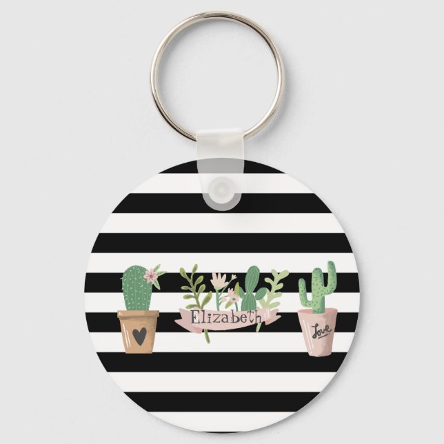 Porte-clés Fleur de Cactus Rayures Noires et Blanches (Recto)