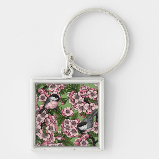 Porte-clés Fleur de cerisiers et poulets verts (Devant)