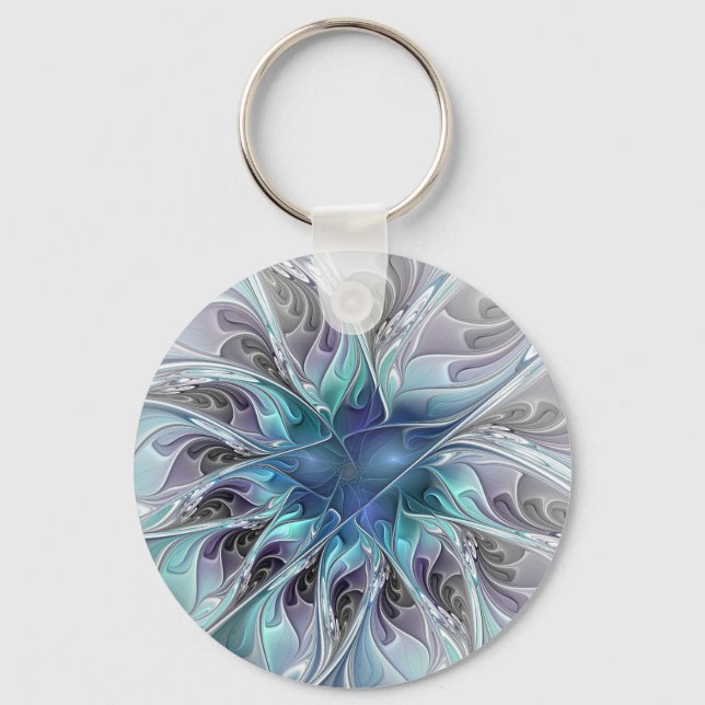 Porte-clés Fleur de fractale moderne abstraite avec du bleu (Recto)