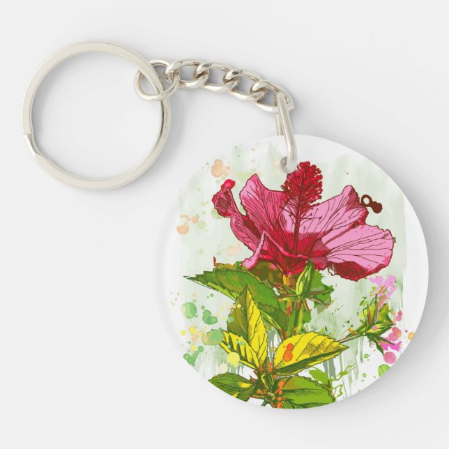 Porte-clés Fleur de ketmie - peinture d'aquarelle (Devant)