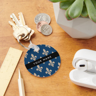 Porte-clés Fleur de Lis, Beige sur Bleu Nuit, Royal, Votre No