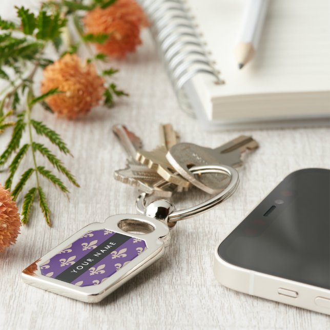 Porte-clés Fleur de Lis, Beige sur Violet, Royal, Votre Nom (Côté )