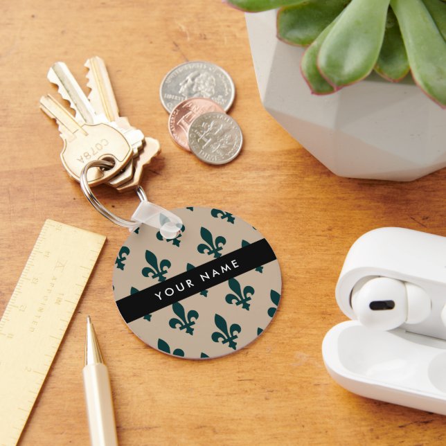 Porte-clés Fleur de Lis, Vert sur Beige, Royal, Votre Nom (Bureau)