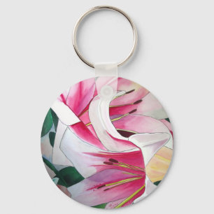 Porte-clés Fleur de lys blanche et rose aquarelle oeuvre d'ar