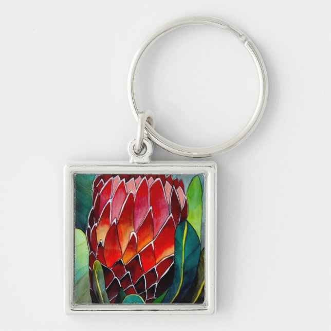 Porte-clés fleur de Protea rouge aquarelle originale (Devant)