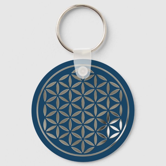 Porte-clés Fleur de Vie 1 - Tampon argent | bleu foncé (Recto)