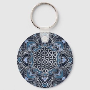 Porte-clés Fleur de vie à Lotus - Cristal bleu et argent