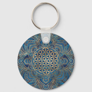 Porte-clés Fleur de vie à Lotus - Marbre bleu et or