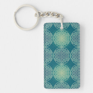 Porte-clés Fleur de vie - motif de timbre - bleu cyan