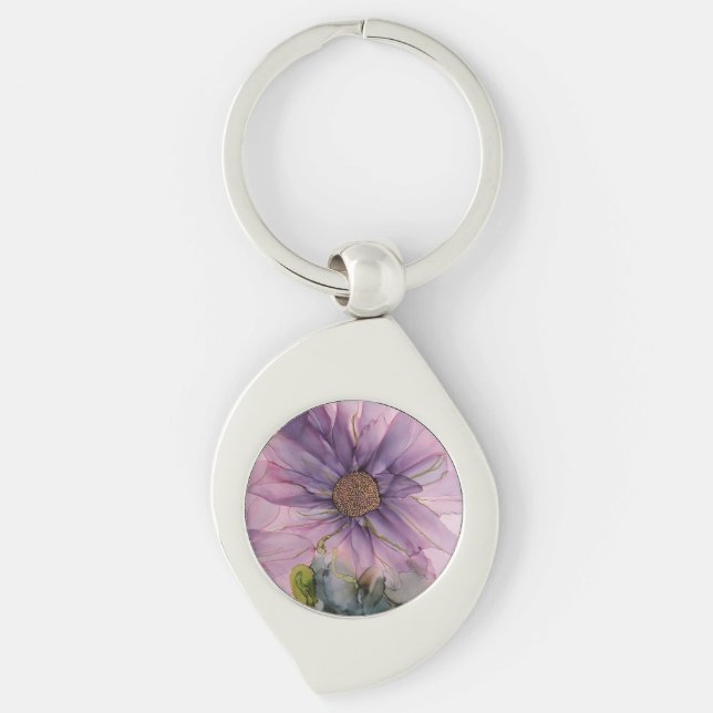 Porte-clés fleur d'encre d'alcool rose et violet (Devant)