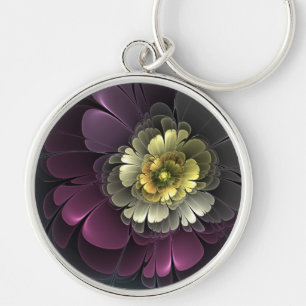 Porte-clés Fleur fractale abstraite moderne gris khaki pourpr
