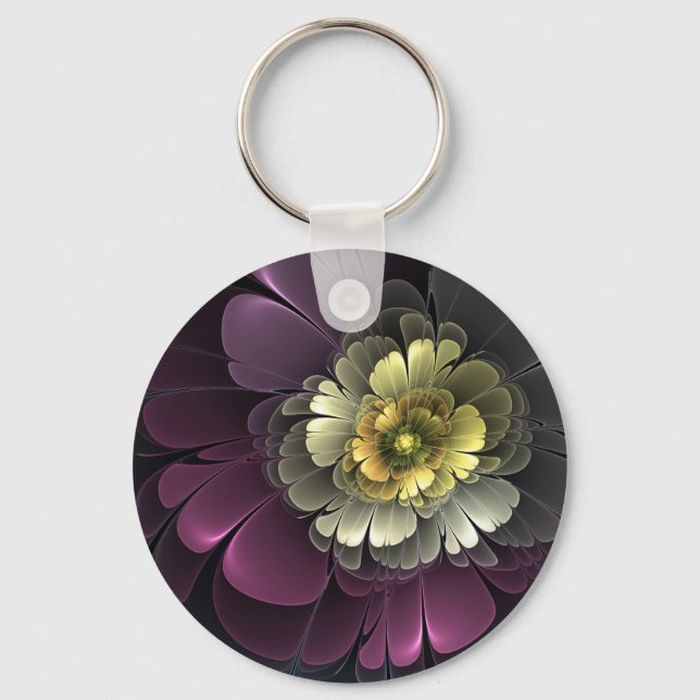 Porte-clés Fleur fractale grise et pourpre moderne abstraite (Recto)