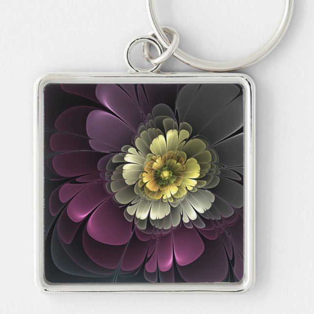 Porte-clés Fleur fractale grise pourpre moderne abstraite (Devant)