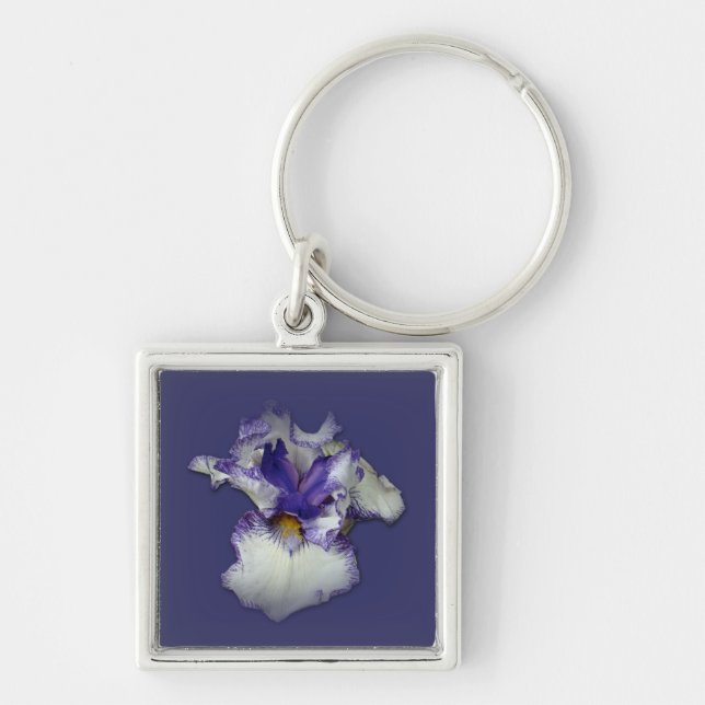Porte-clés Fleur Iris à fond bleu et blanc (Devant)