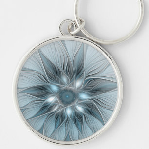 Porte-clés Fleur joyeuse abstraite fleur bleue grise fractale