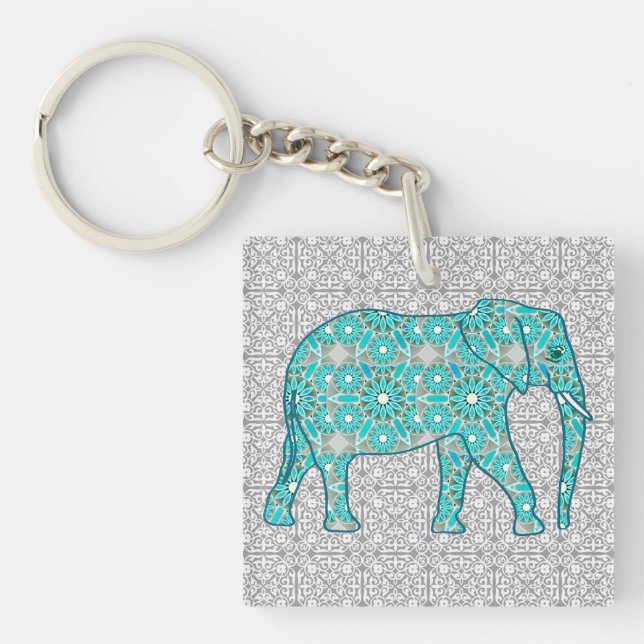 Porte-clés Fleur mandala éléphant - turquoise, gris & blanc (Devant)
