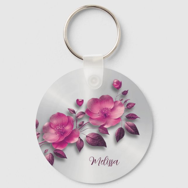 Porte-clés Fleur métallique rose brillant Argent (Recto)