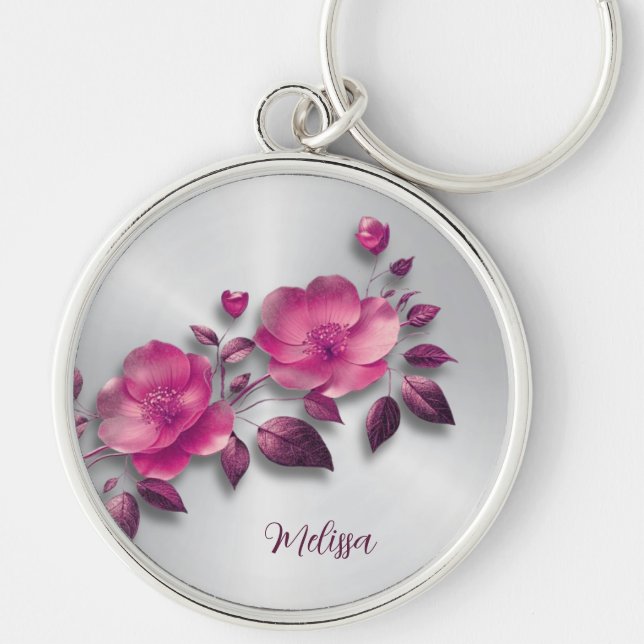 Porte-clés Fleur métallique rose brillant Argent (Devant)