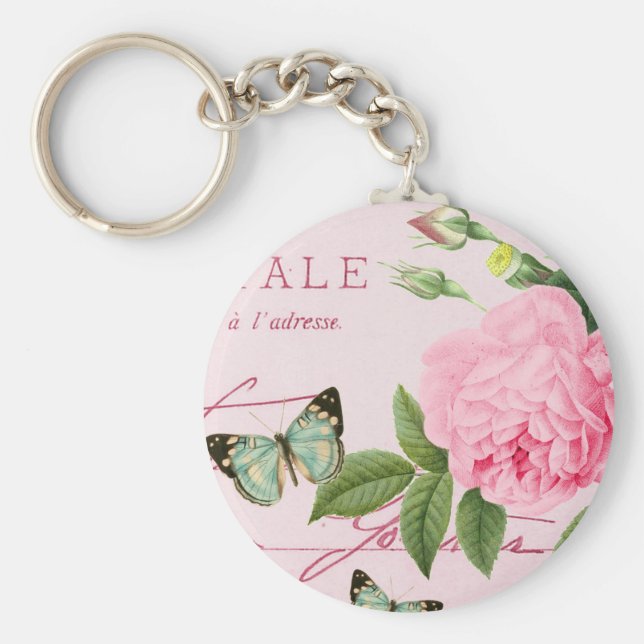 Porte-clés fleur rose vintage en rose (Devant)