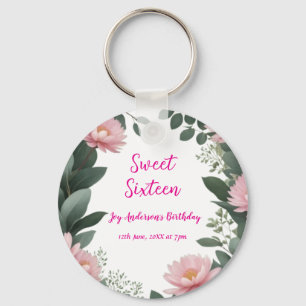 Porte-clés Fleur rose vintage vert eucalyptus 16e anniversair