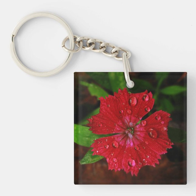 Porte-clés Fleur Rouge Dianthus Grattant Avec Raindrops Photo (Devant)