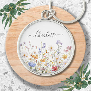 Porte-clés Fleur Sauvage Colorée Aquarelle Monogramme Élégant