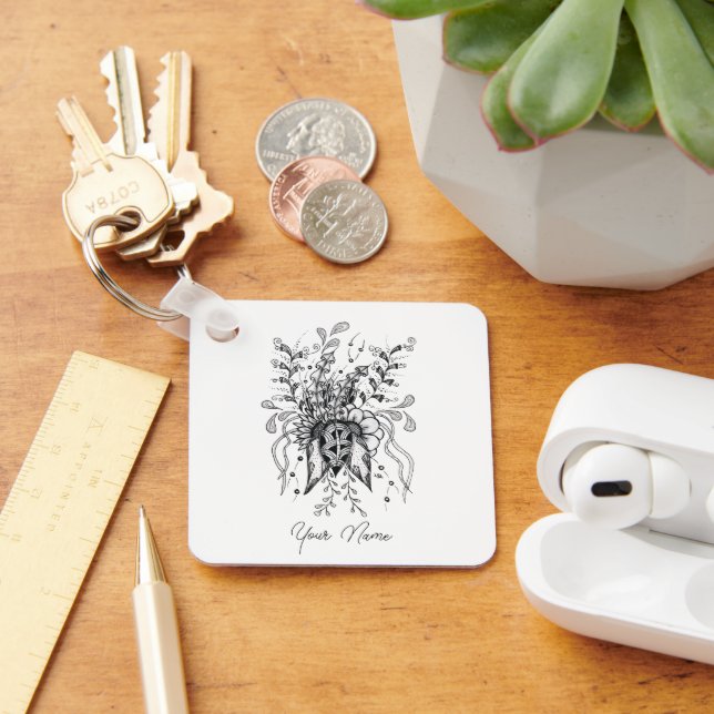 Porte-clés Fleur Tangle Art, dessinée à la main -  (Bureau)
