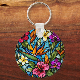 Porte-clés Fleur tropicale en vitrail floral vibrant