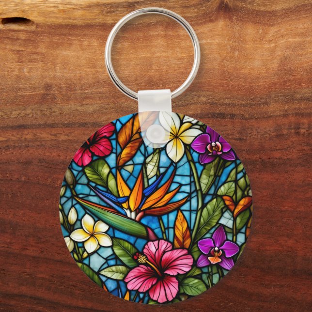 Porte-clés Fleur tropicale en vitrail floral vibrant  (Verso)
