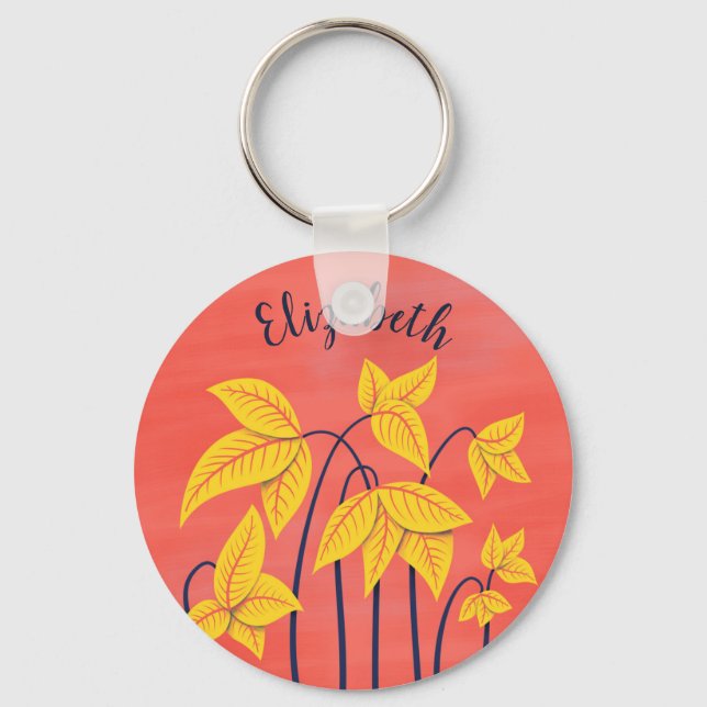 Porte-clés Fleurs Abstraites Coral Jaune Floral Nom (Recto)