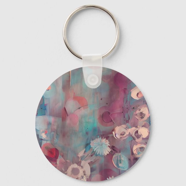 Porte-clés Fleurs abstraites roses et bleues atténuées (Recto)