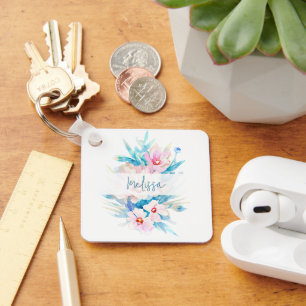 Porte-clés Fleurs aquarelles rose et bleu personnalisées