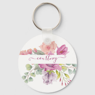 Porte-clés Fleurs aquarelles rose et pêche personnalisées